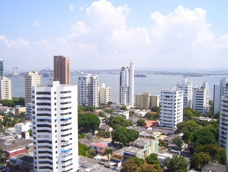 Skyline of Cartagena, Colombia with buildings and ocean view.